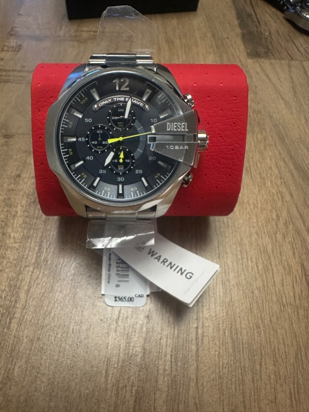 Diesel Men's Silver Watch with Black Dial and Yellow Accents